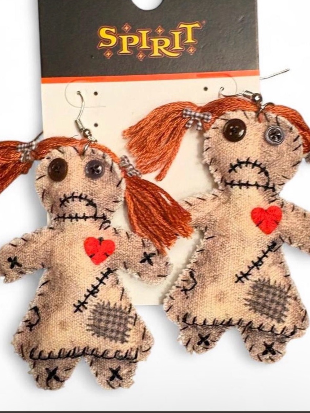 Spirit Plush Voodoo Doll Earrings in Beige with Red Heart and Orange Hair